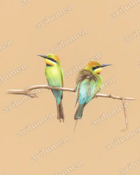 Ilustración en Lápiz de color: Merops ornatus (Abejaruco australiano)