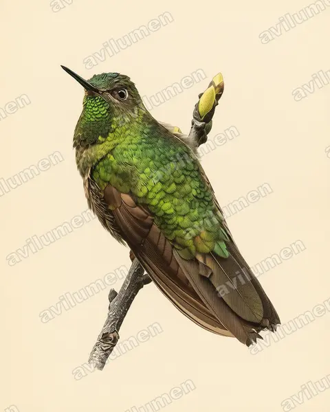 鳞辉尾蜂鸟（Metallura aeneocauda）的古典图版插画