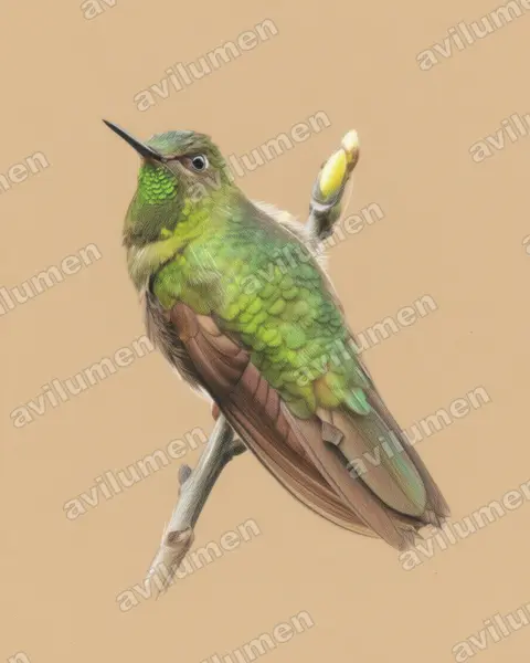 鳞辉尾蜂鸟（Metallura aeneocauda）的彩色铅笔插画