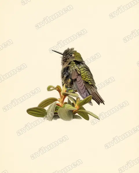 Illustration im Stil Historische Tafel: Purpurkehl-Glanzschwänzchen (Metallura odomae)