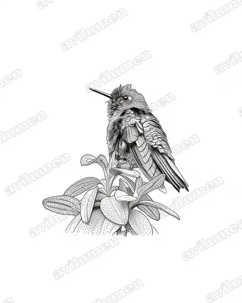 Illustration im Stil Tusche: Purpurkehl-Glanzschwänzchen (Metallura odomae)