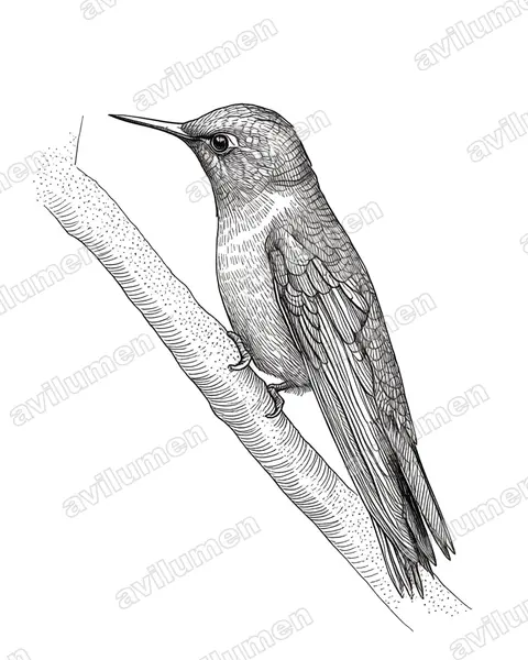 Illustration im Stil Tusche: Smaragdkehl-Glanzschwänzchen (Metallura tyrianthina)