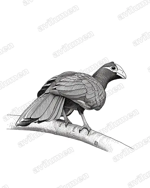 紫蕉鵑（Musophaga violacea）的钢笔墨线插画