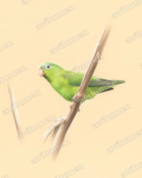 Colored pencil illustration: Nannopsittaca dachilleae (Manu Parrotlet)