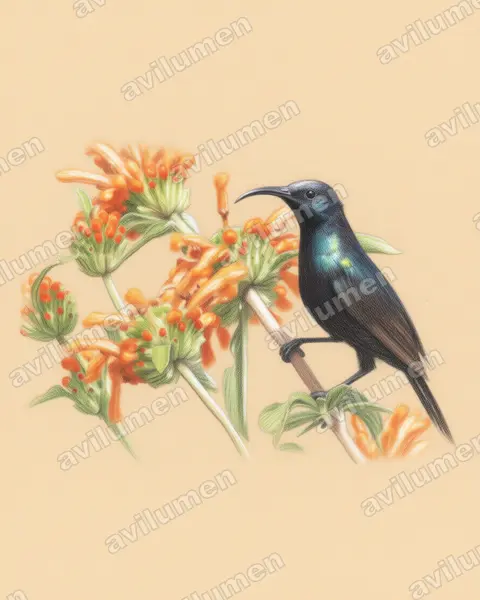 Colored pencil illustration: Nectarinia bocagii (Bocage's Sunbird)