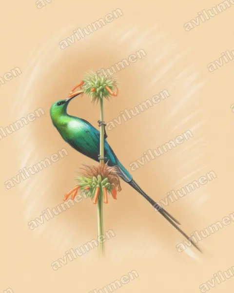 Colored pencil illustration: Nectarinia famosa (Malachite Sunbird)
