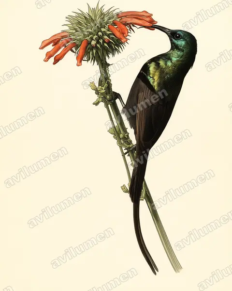 Illustration im Stil Historische Tafel: Bronzy Sunbird (Nectarinia kilimensis)