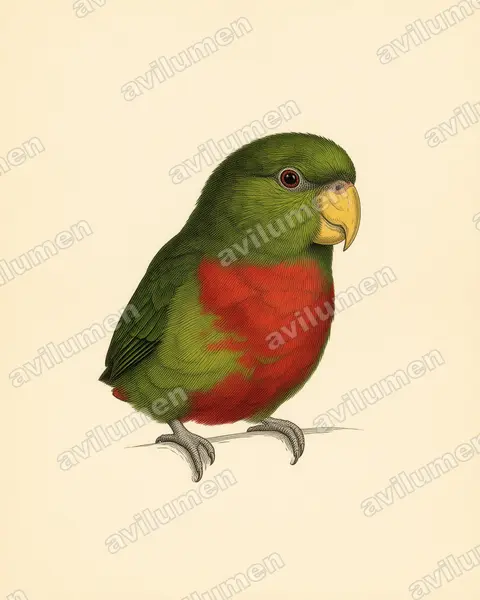 Ilustración en Lámina antigua: Neopsittacus musschenbroekii (Lori montano grande)