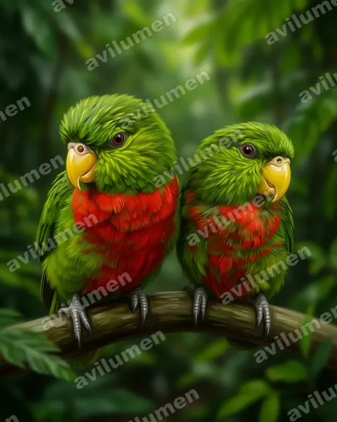 Ilustración en Realista: Neopsittacus musschenbroekii (Lori montano grande)