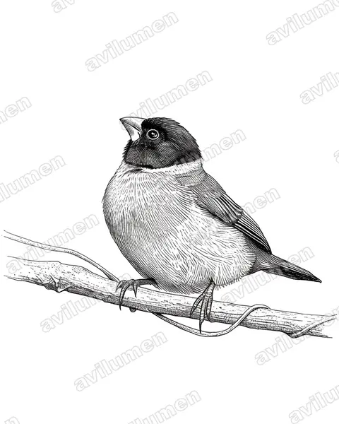 Illustration im Stil Tusche: Halsbandastrild (Nesocharis ansorgei)