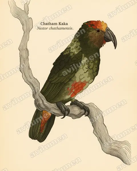 Illustration im Stil Historische Tafel: Chatham-Kaka (Nestor chathamensis)
