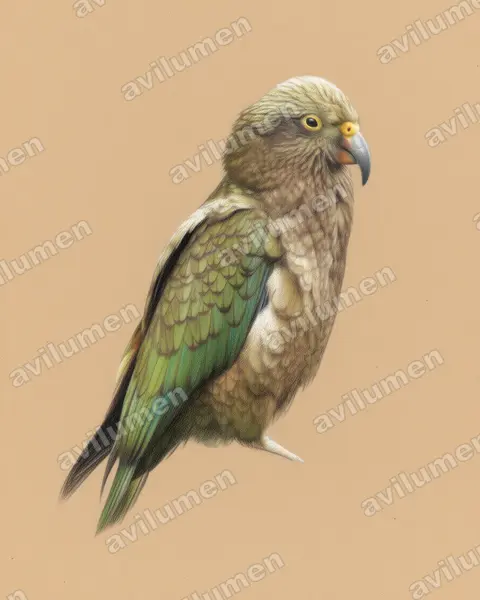 啄羊鹦鹉（Nestor notabilis）的彩色铅笔插画