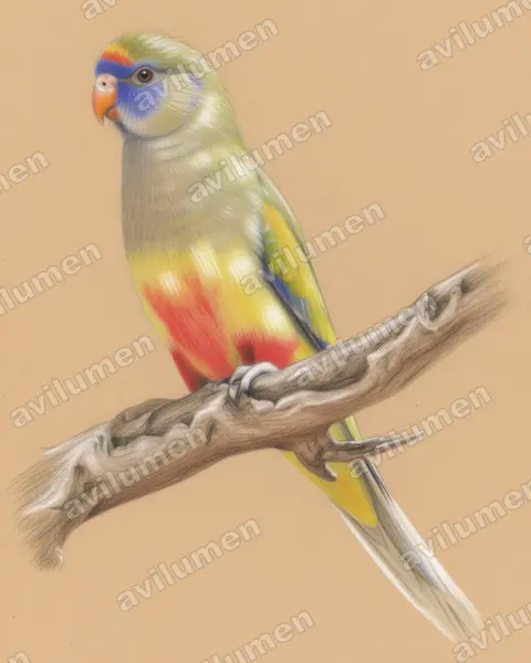 Colored pencil illustration: Northiella haematogaster (Eastern Bluebonnet)