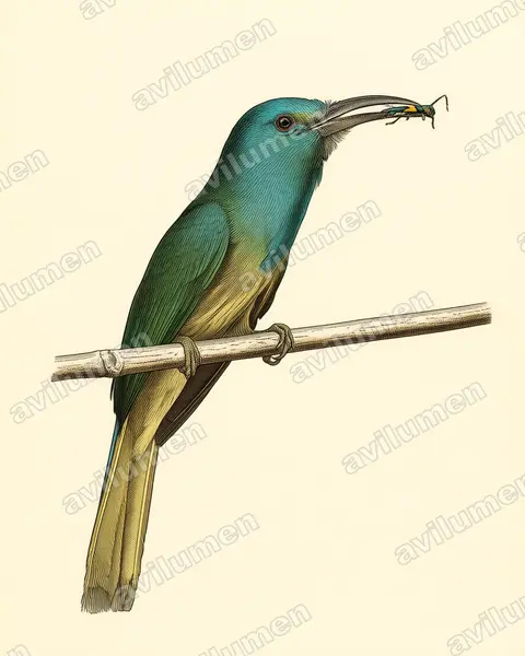 Ilustración en Lámina antigua: Nyctyornis athertoni (Abejaruco barbiazul)