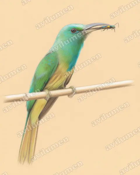 Ilustración en Lápiz de color: Nyctyornis athertoni (Abejaruco barbiazul)