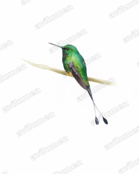 Watercolor illustration: Ocreatus addae (Rufous-booted Racket-tail)