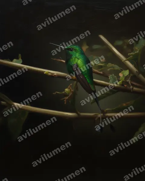 Oil illustration: Ocreatus addae (Rufous-booted Racket-tail)