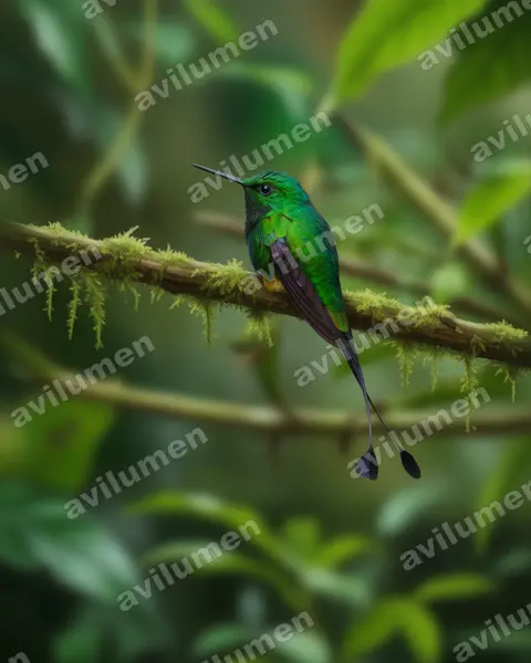 Realistic illustration: Ocreatus addae (Rufous-booted Racket-tail)
