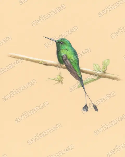 Colored pencil illustration: Ocreatus addae (Rufous-booted Racket-tail)