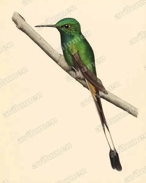 Vintage plate illustration: Ocreatus peruanus (Peruvian racket-tail)