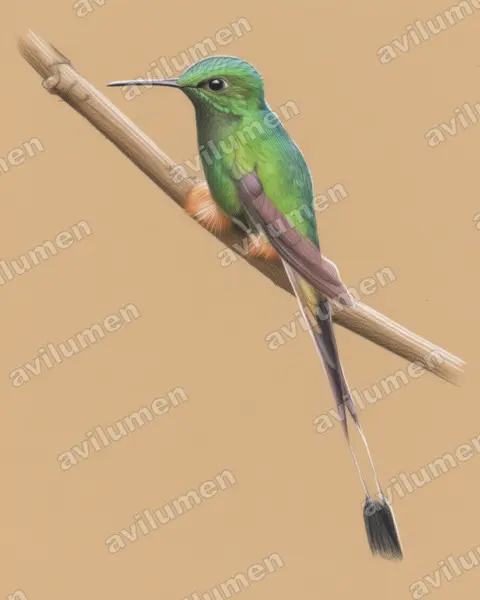 Colored pencil illustration: Ocreatus peruanus (Peruvian racket-tail)