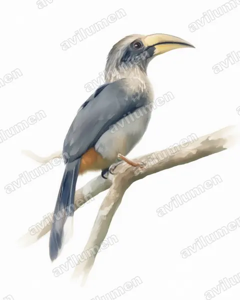 Ilustración en Acuarela: Ocyceros griseus (Cálao gris malabar​)
