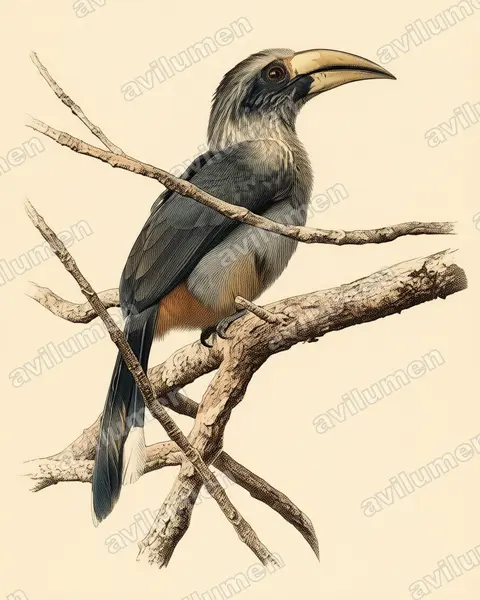 Ilustración en Lámina antigua: Ocyceros griseus (Cálao gris malabar​)