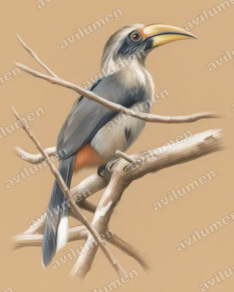 Ilustración en Lápiz de color: Ocyceros griseus (Cálao gris malabar​)