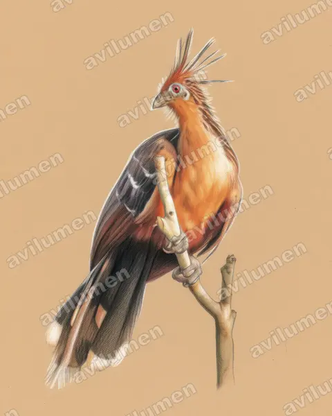 Ilustración en Lápiz de color: Opisthocomus hoazin (Hoacin)