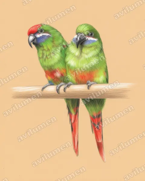 Ilustración en Lápiz de color: Oreopsittacus arfaki (Lori bigotudo​)