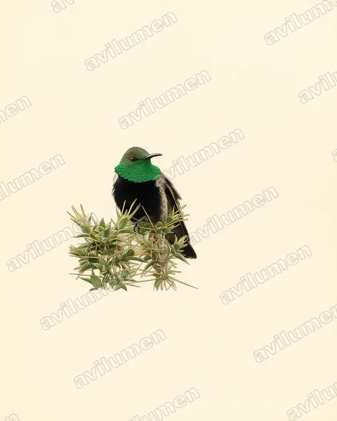 Illustration im Stil Historische Tafel: Schwarzbrustkolibri (Oreotrochilus melanogaster)