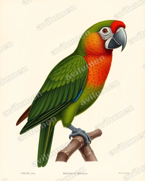 Ilustración en Lámina antigua: Orthopsittaca manilatus (Orthopsittaca manilata)