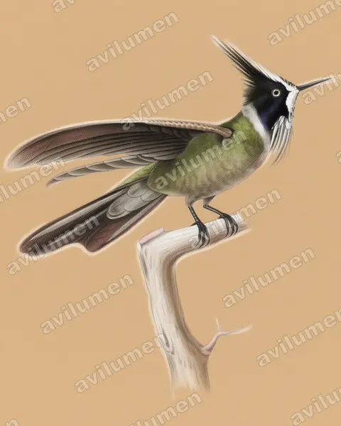 Colored pencil illustration: Oxypogon lindenii (White-bearded helmetcrest)