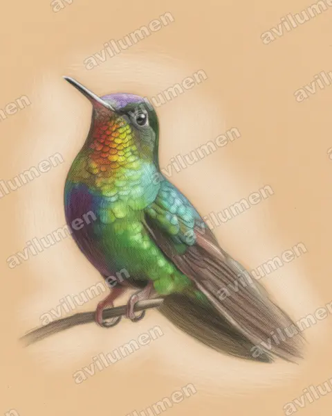 火喉蜂鸟（Panterpe insignis）的彩色铅笔插画