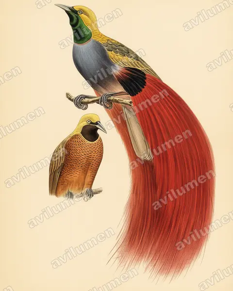 Goldie's Bird-of-paradise（Paradisaea decora）的古典图版插画