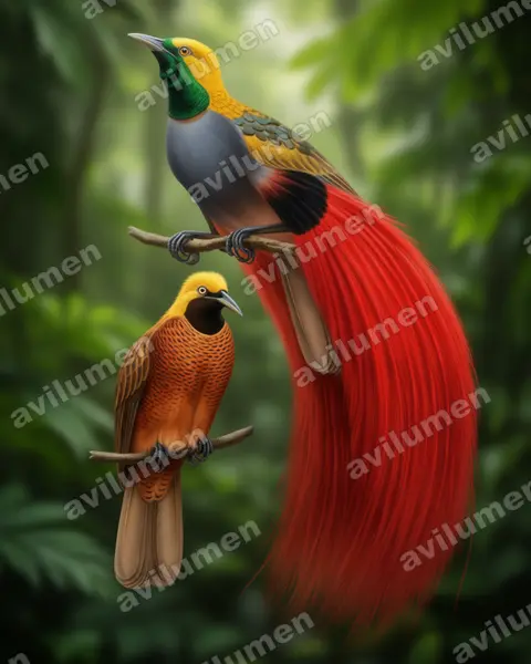 Goldie's Bird-of-paradise（Paradisaea decora）的写实插画