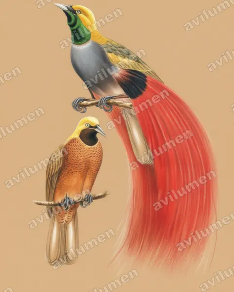 Goldie's Bird-of-paradise（Paradisaea decora）的彩色铅笔插画