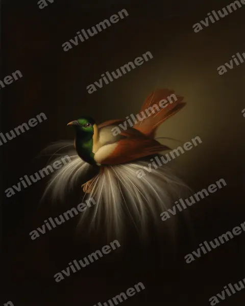 Ilustración en Óleo: Paradisaea guilielmi (Ave del paraíso emperador)
