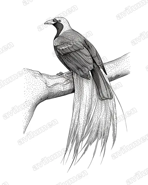Ilustración en Tinta: Paradisaea minor (Ave del paraíso esmeralda chica​)