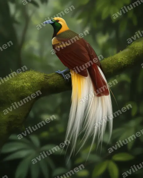 Ilustración en Realista: Paradisaea minor (Ave del paraíso esmeralda chica​)
