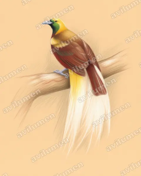 Ilustración en Lápiz de color: Paradisaea minor (Ave del paraíso esmeralda chica​)
