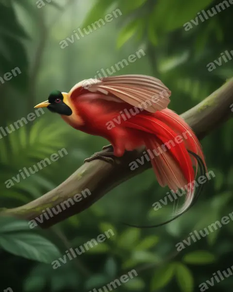 Ilustración en Realista: Paradisaea rubra (Ave del paraíso roja)