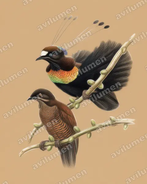 Illustration Crayon de couleur : Parotia lawesii (Paradisier de Lawes)