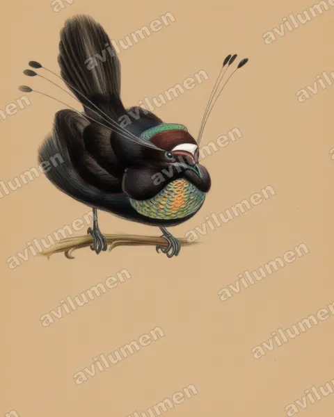 Illustration Crayon de couleur : Parotia sefilata (Paradisier sifilet)