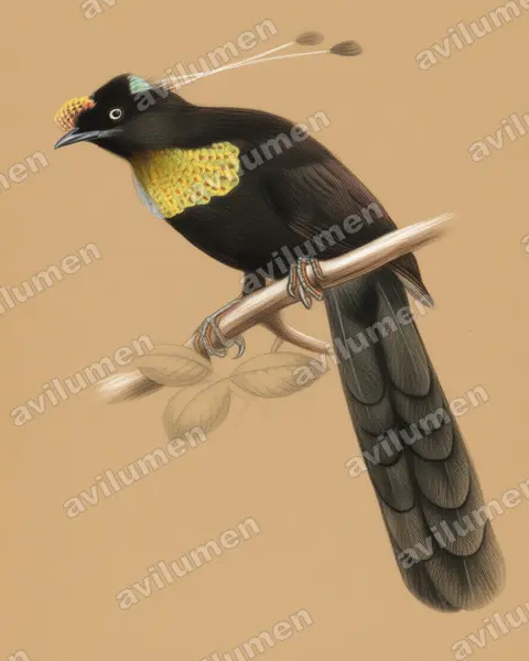 Ilustración en Lápiz de color: Parotia wahnesi (Ave del paraíso de Wahnes)
