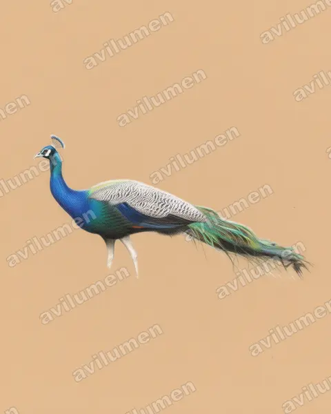 Colored pencil illustration: Pavo cristatus (Indian Peafowl)