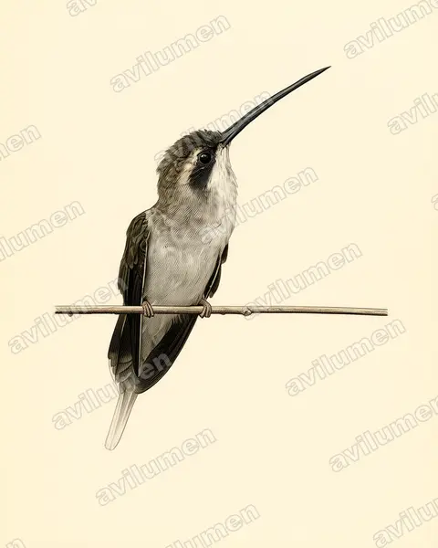 Illustration im Stil Historische Tafel: Fleckenkehl-Schattenkolibri (Phaethornis anthophilus)