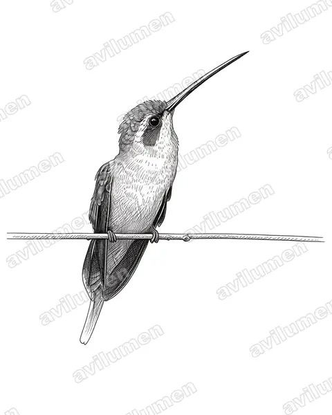 Illustration im Stil Tusche: Fleckenkehl-Schattenkolibri (Phaethornis anthophilus)