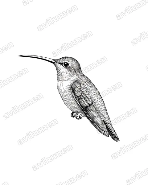西长尾隐蜂鸟（Phaethornis longirostris）的钢笔墨线插画