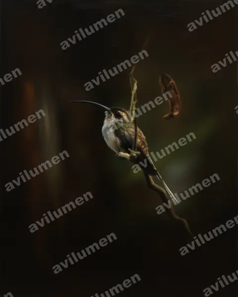 西长尾隐蜂鸟（Phaethornis longirostris）的油画插画
